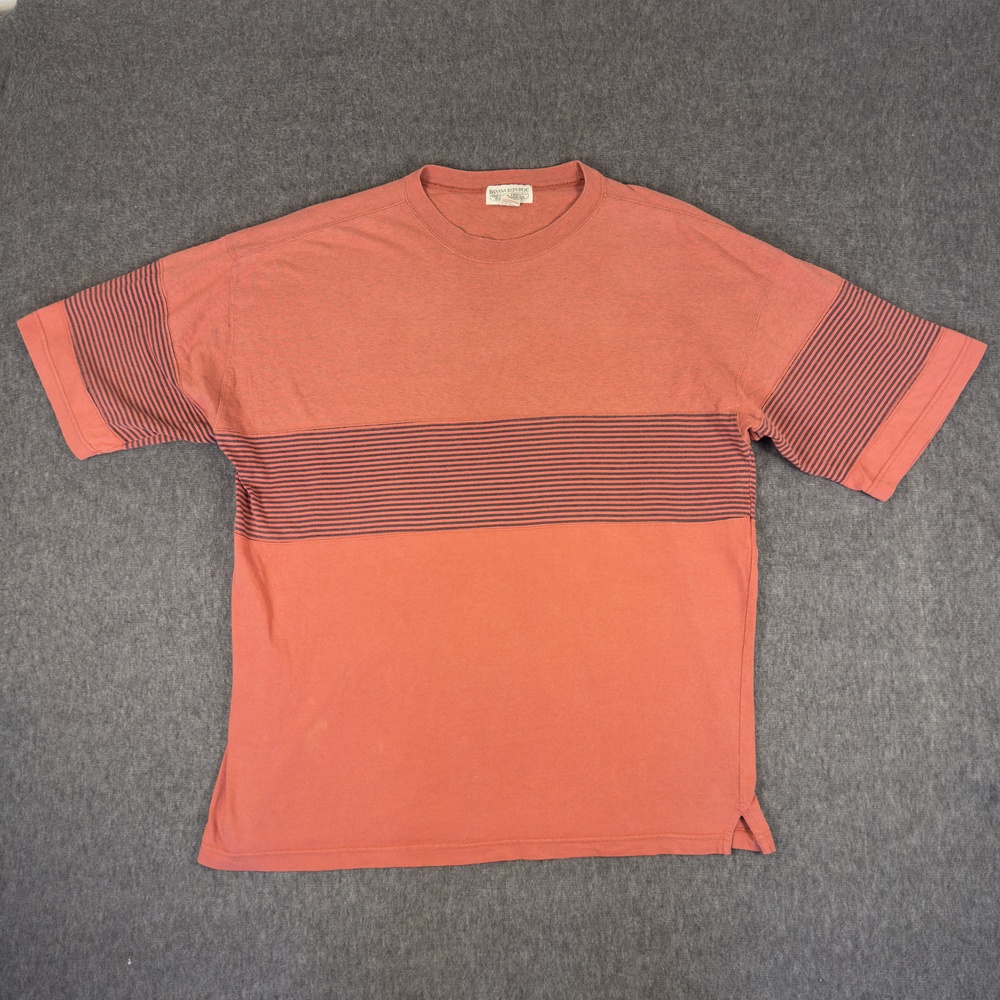 Vintage Banana Republic Safari Shirt Mens XL Orange Stripe Cotton Tee T-Shirt